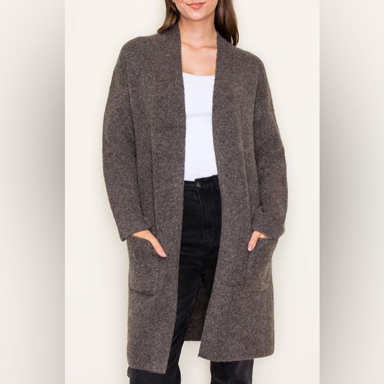Cozy Women's Long Open-Front Cardigan Sweater - Dark Taupe